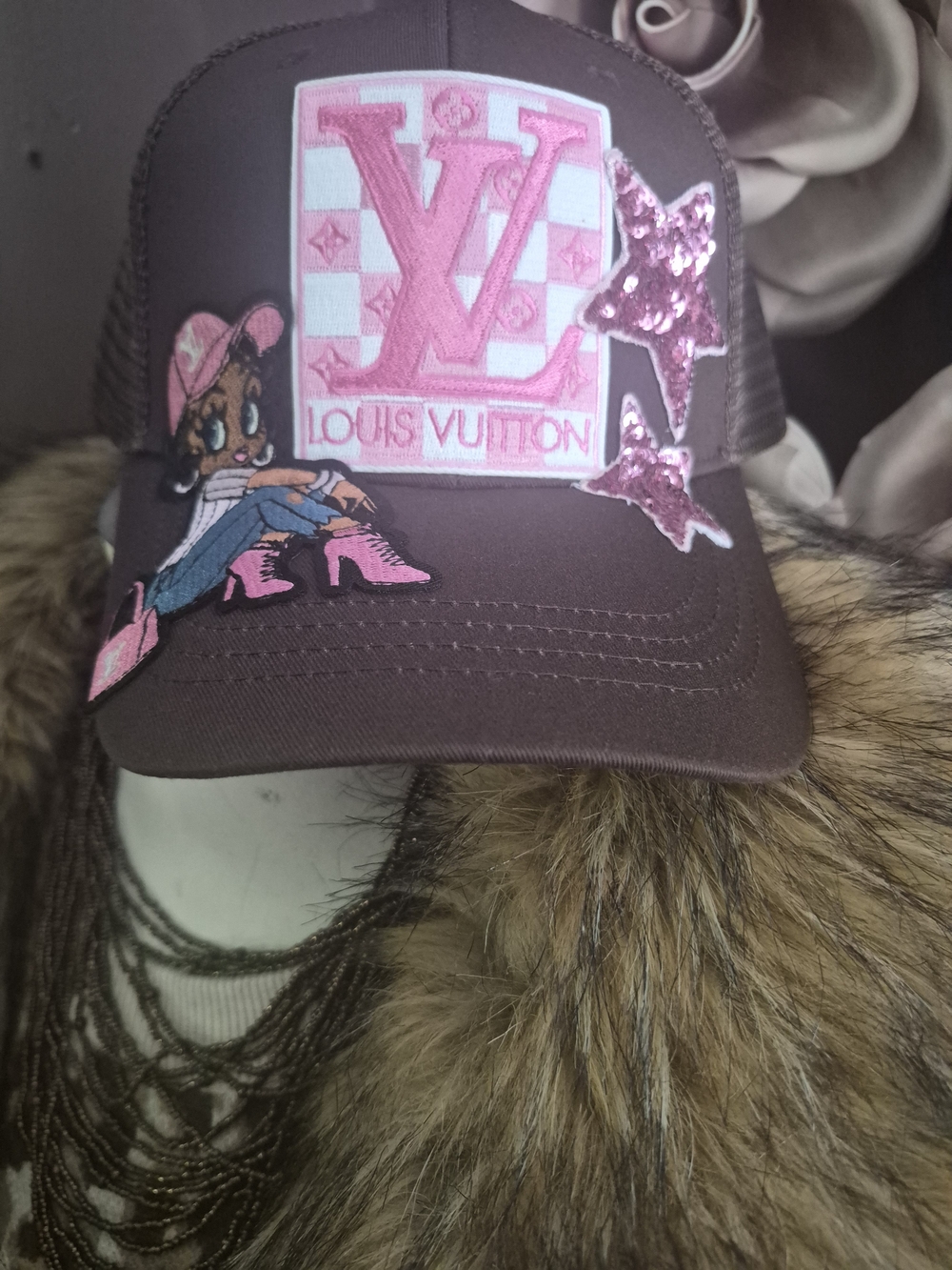 Trucker Hat Brown Cap with Pink Logo Patch and Embellishments